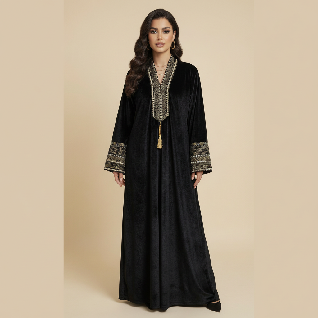 Woman wearing a black dress with gold embroidery on a beige background