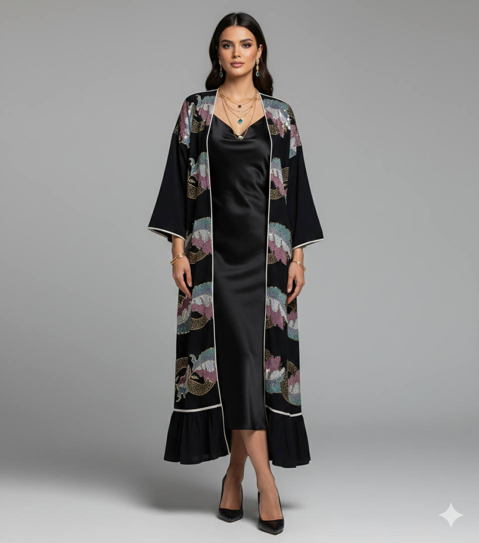 Daraa twins Crepe Embroidery - Black Sequined Floral