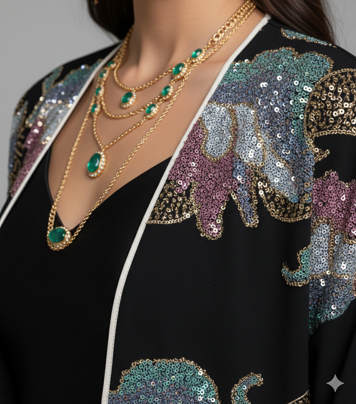 Daraa twins Crepe Embroidery - Black Sequined Floral