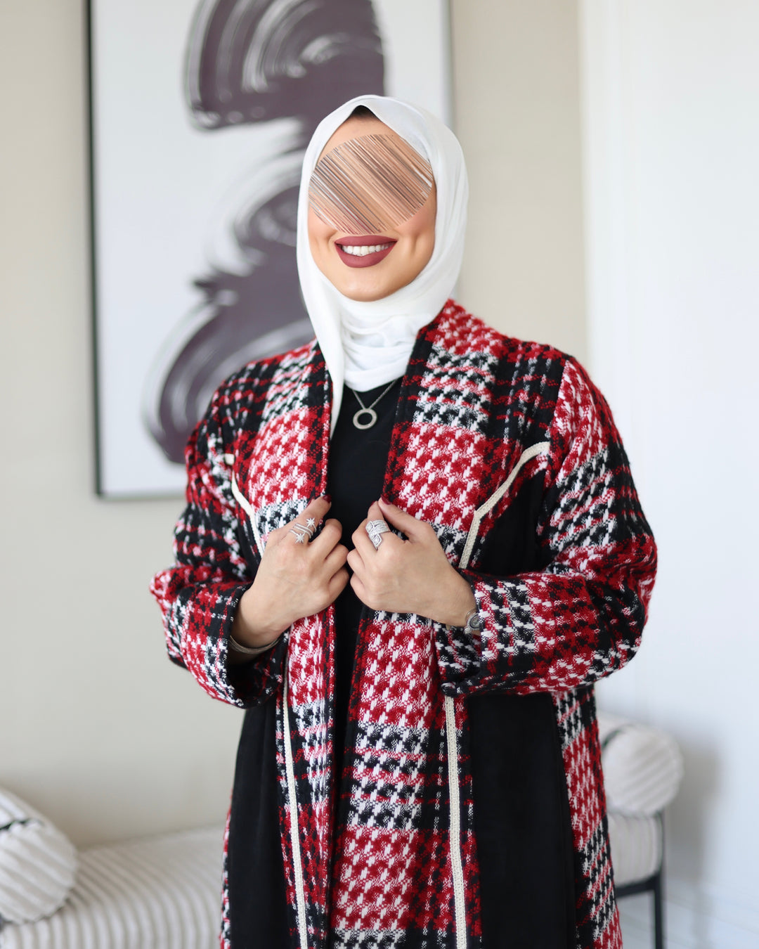 Wool Jacket Bisht - Red Houndstooth