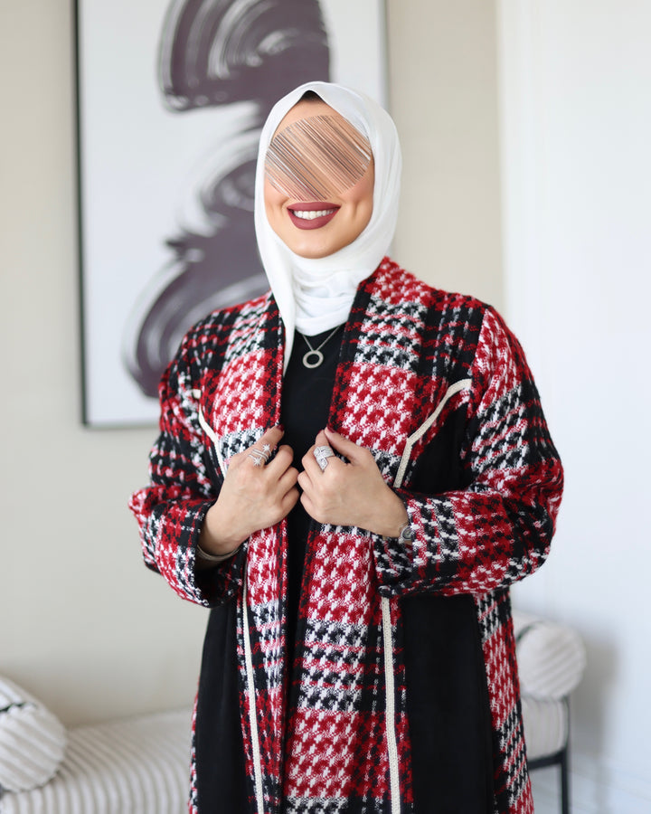 Wool Jacket Bisht - Red Houndstooth