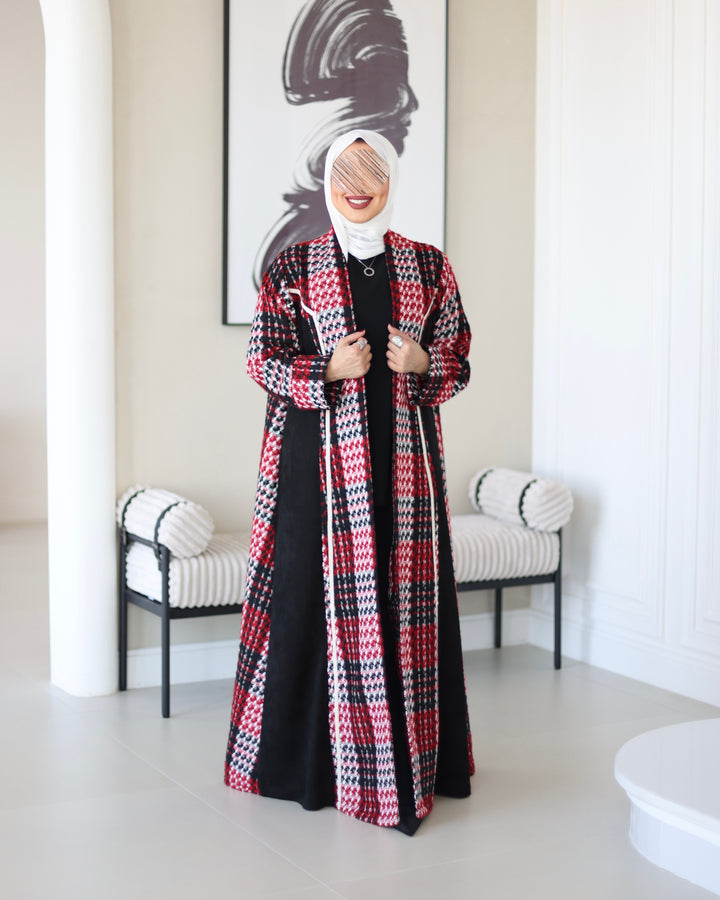 Wool Jacket Bisht - Red Houndstooth