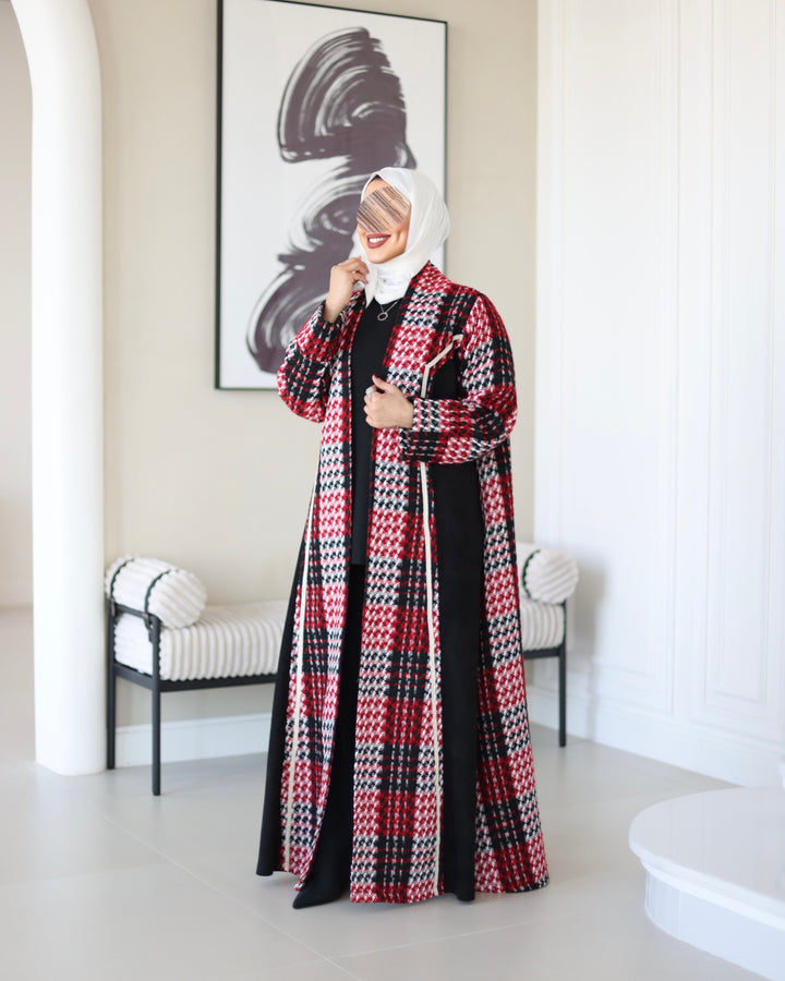 Wool Jacket Bisht - Red Houndstooth