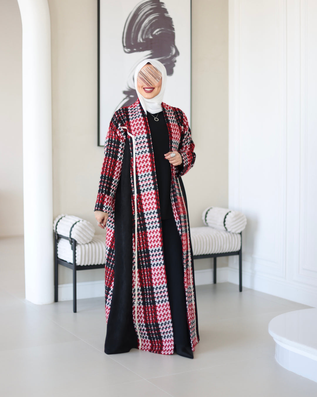 Wool Jacket Bisht - Red Houndstooth