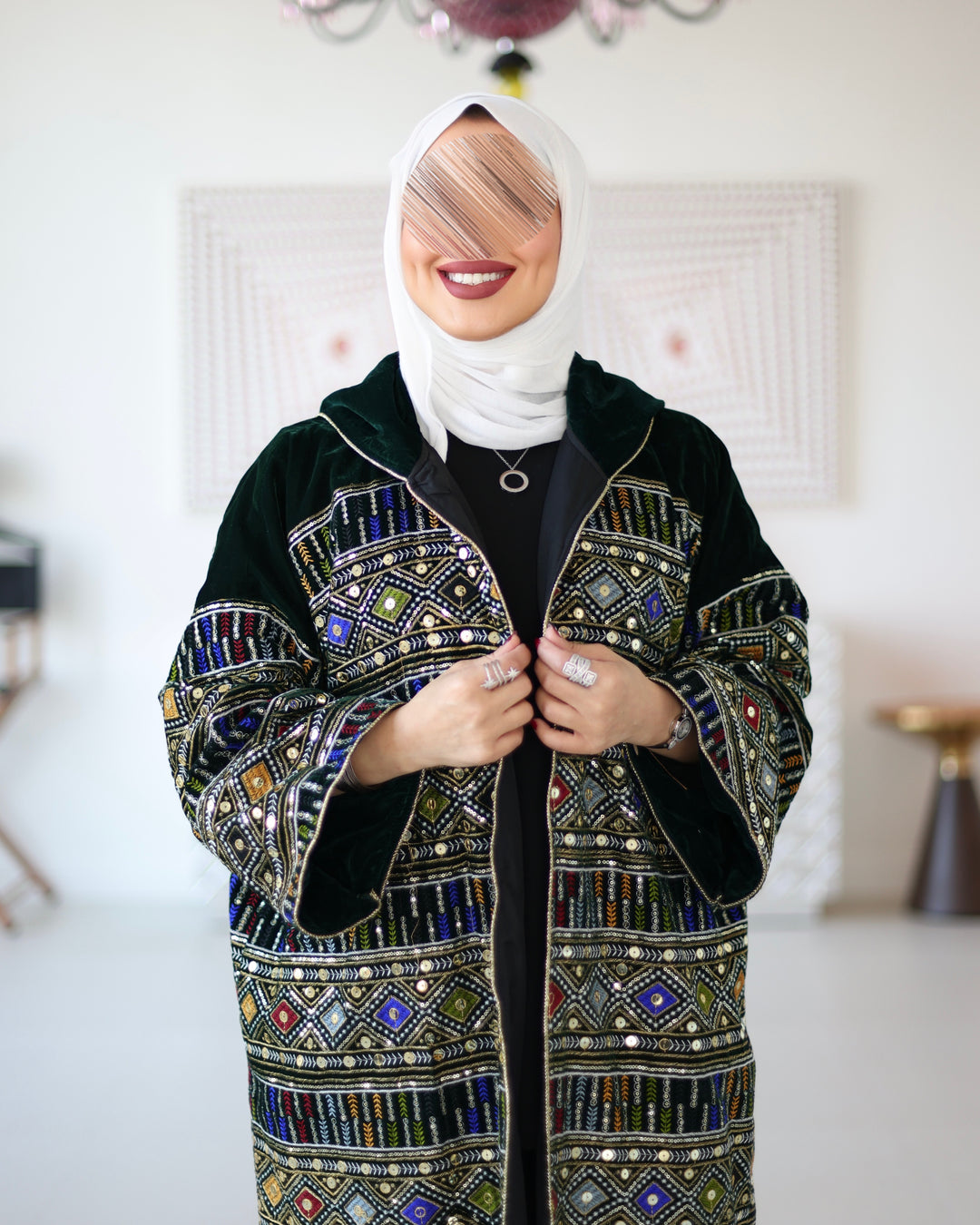 Embroidered Velvet Bisht - Emerald