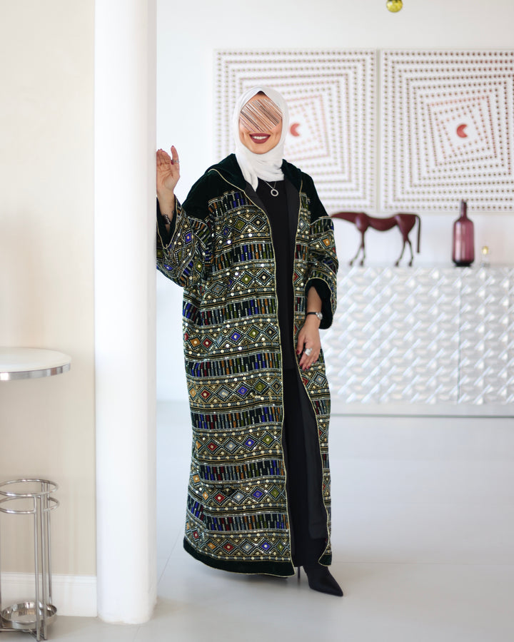 Embroidered Velvet Bisht - Emerald