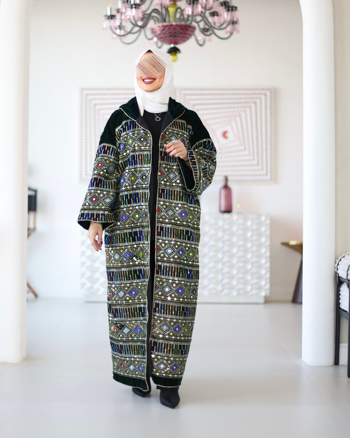 Embroidered Velvet Bisht - Emerald