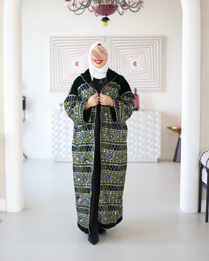 Embroidered Velvet Bisht - Emerald