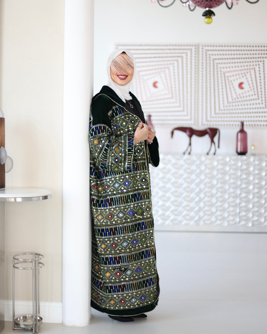 Embroidered Velvet Bisht - Emerald