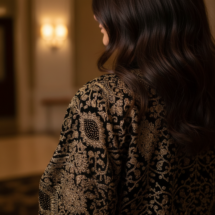 Black Velvet Embroidered 3-Piece Full Set