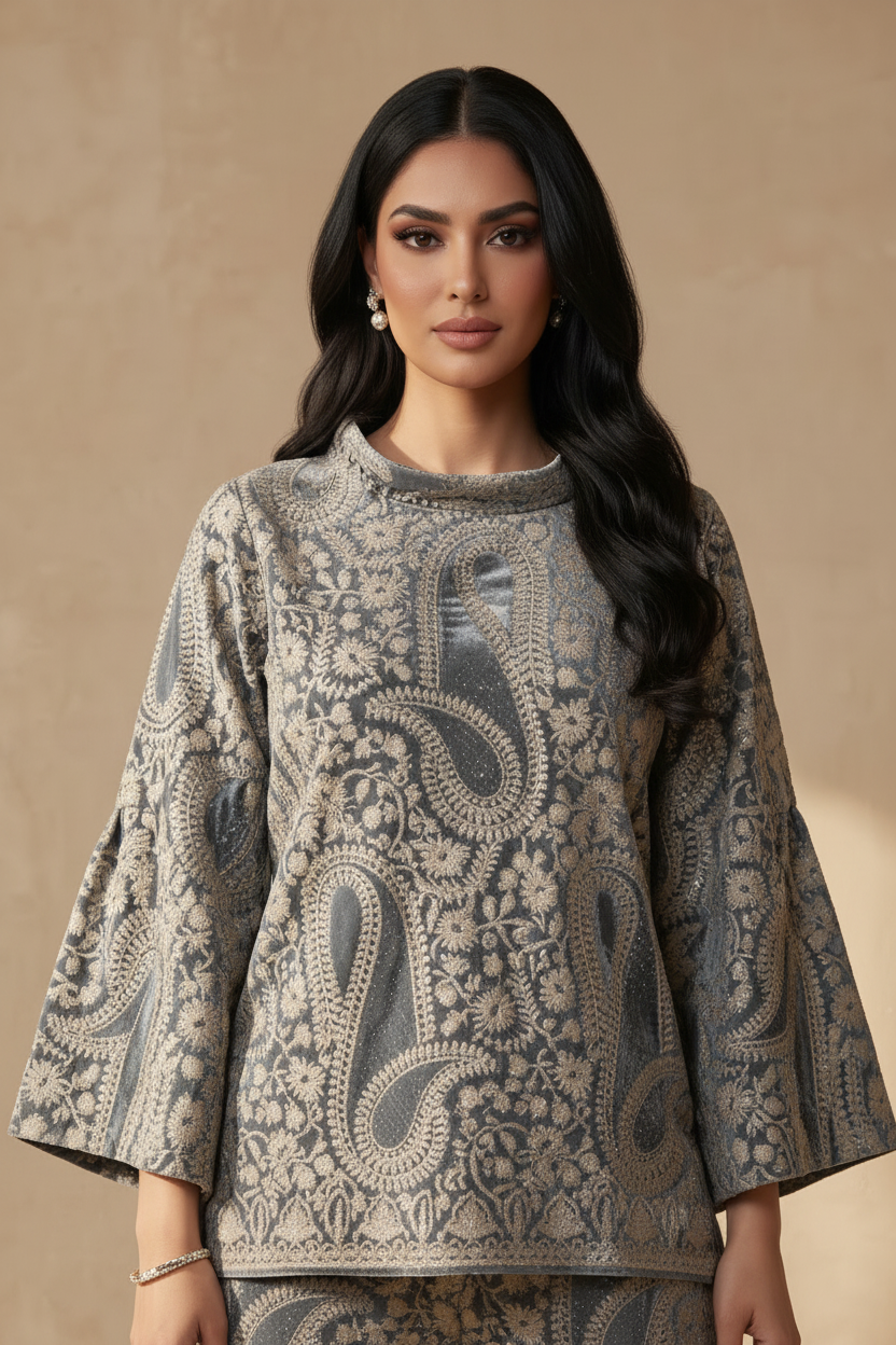 Close-up from waist to head - Turquoise Velvet Set