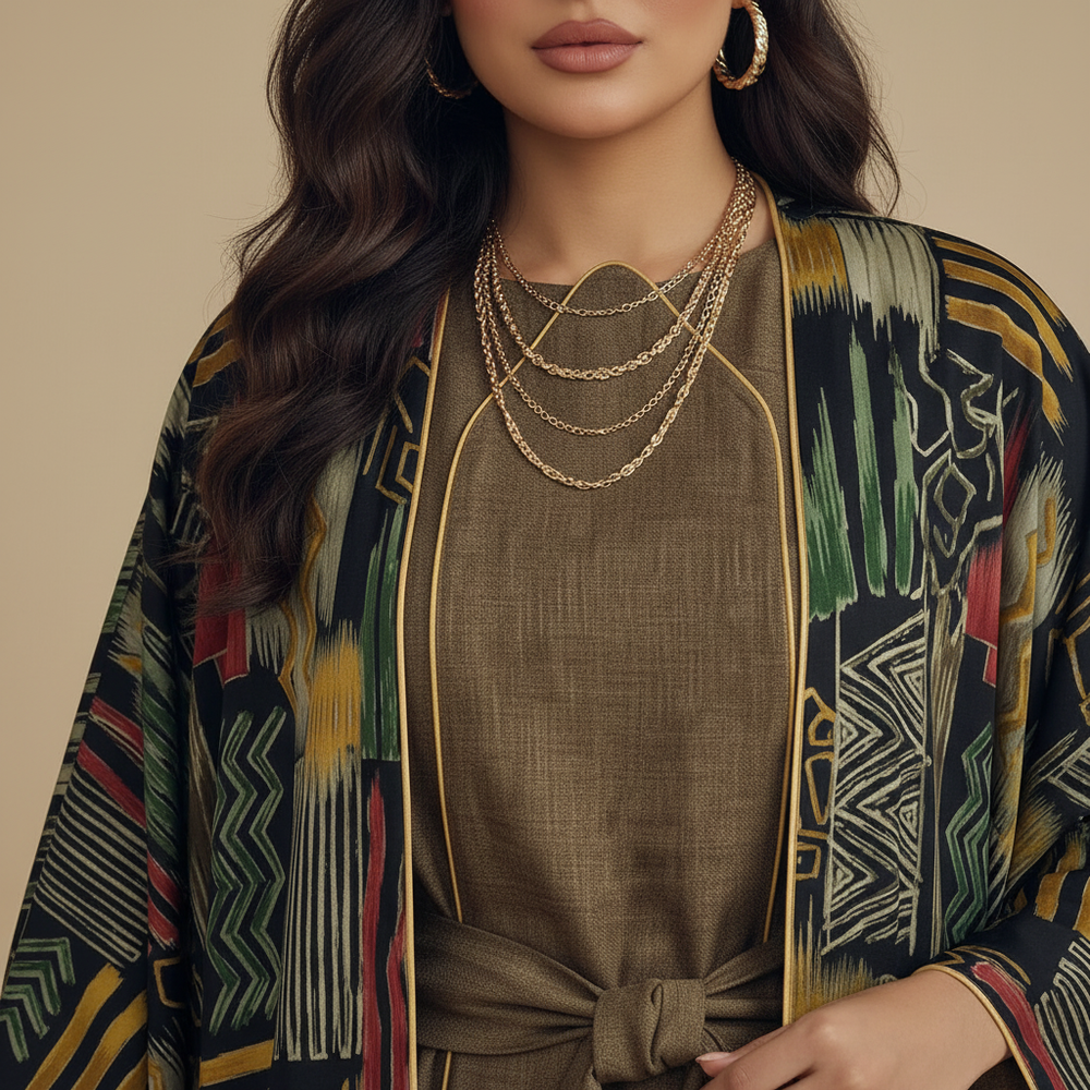 Close-up of shoulder area with gold necklaces