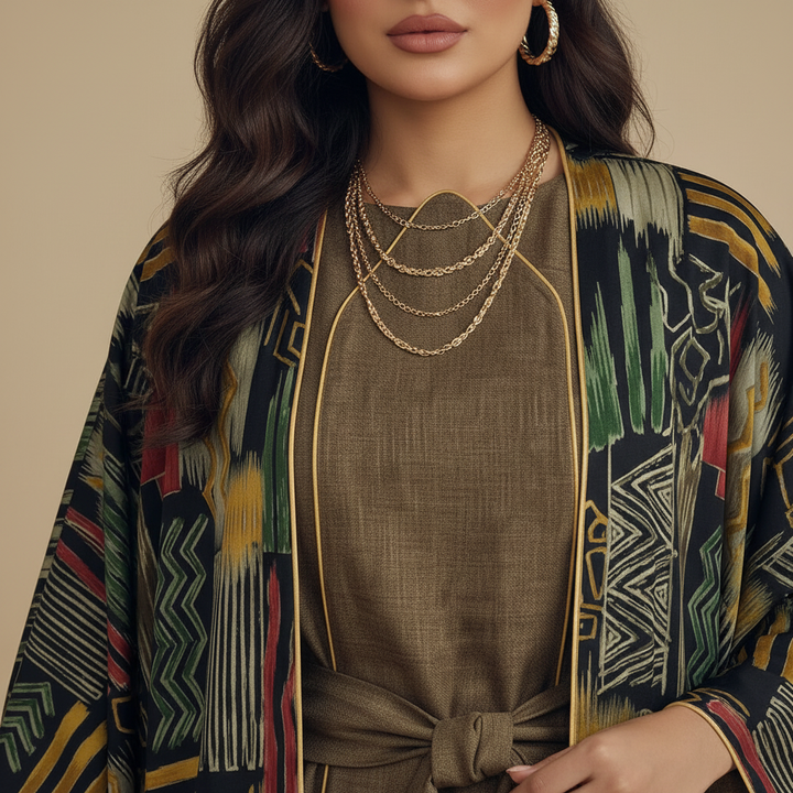 Close-up of shoulder area with gold necklaces