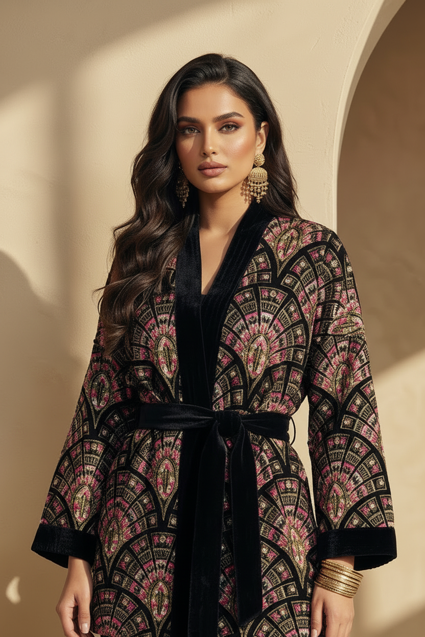 Close-up shot of model in patterned kimono