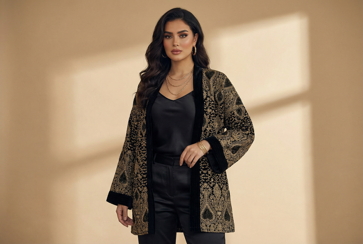 Black Velvet Embroidered 3-Piece Full Set