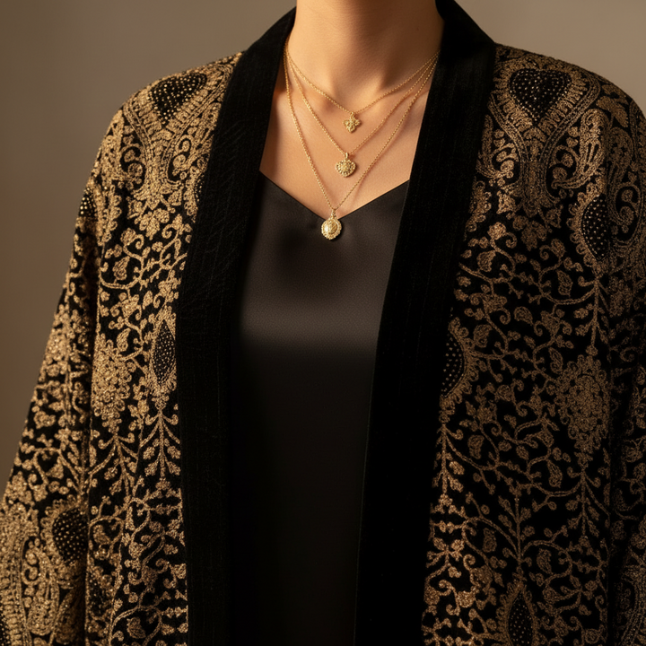 Black Velvet Embroidered 3-Piece Full Set