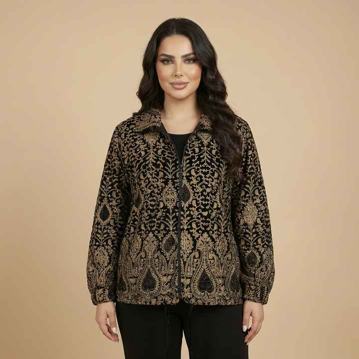 Black & Taupe Beige Velvet Embroidered Jacket