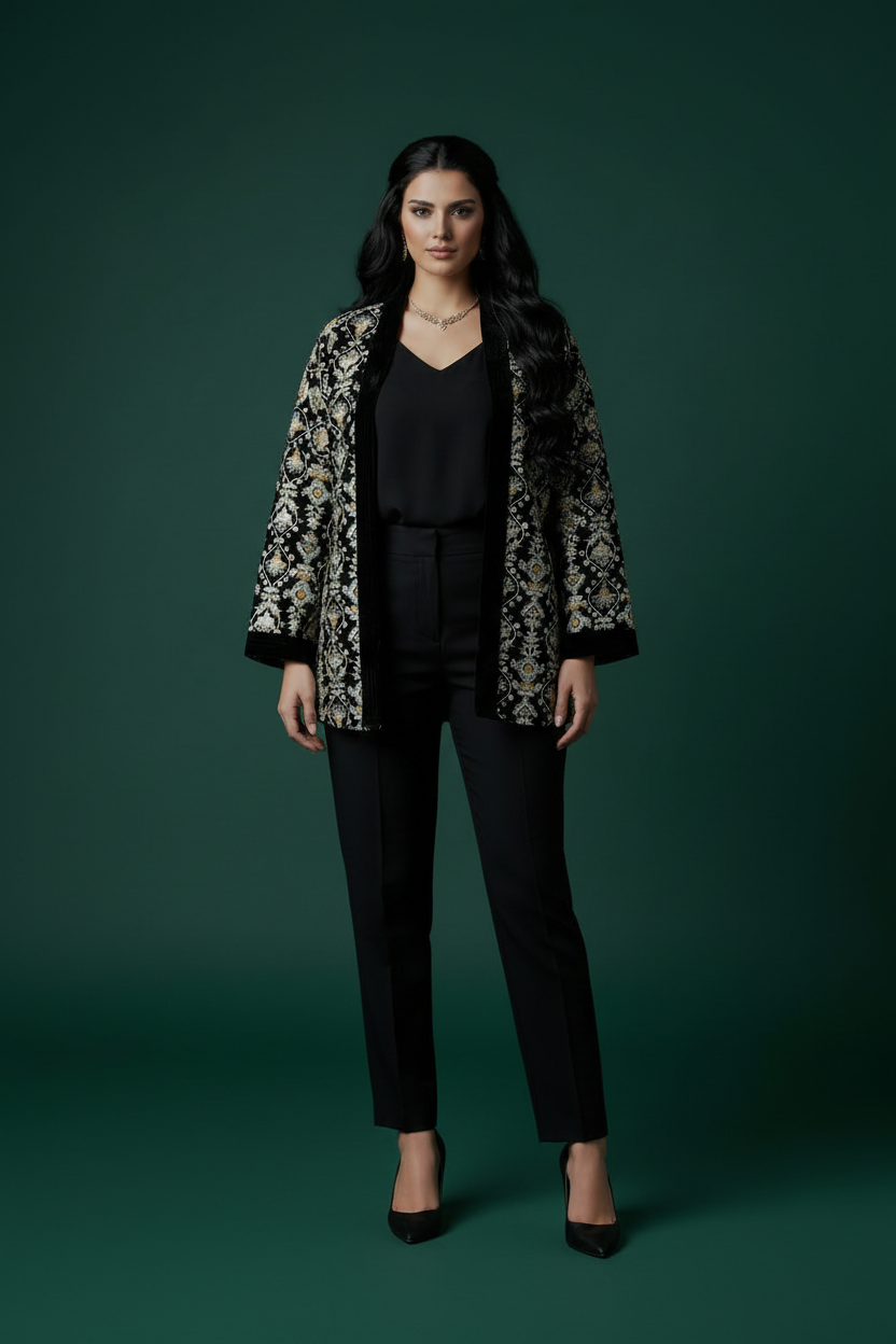 Full-body product shot of embroidered jacket