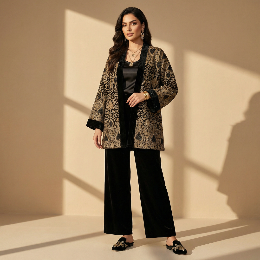 Black Velvet Embroidered 3-Piece Full Set