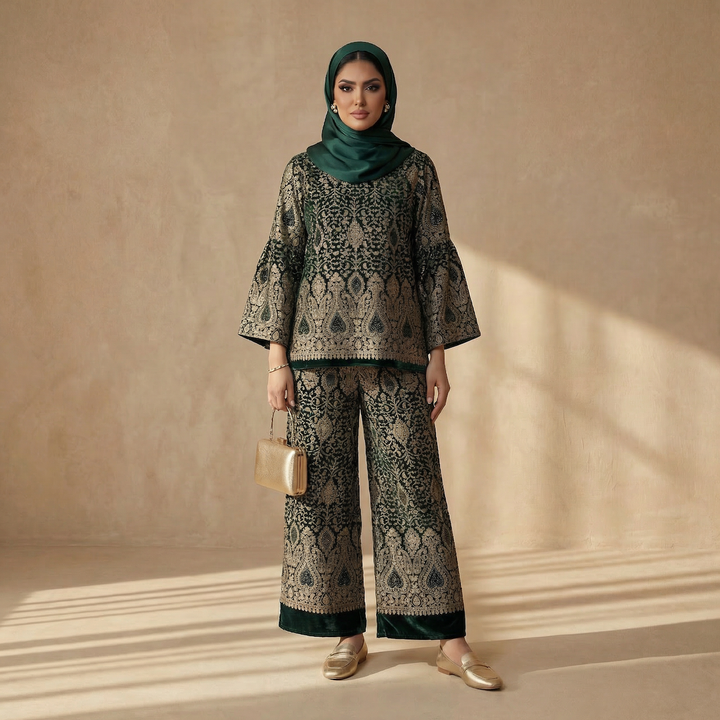 Emerald Green Velvet Embroidery Set - Silver & Gold