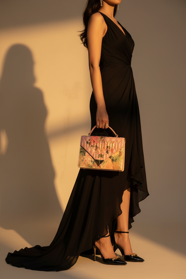 Model in black dress with bag