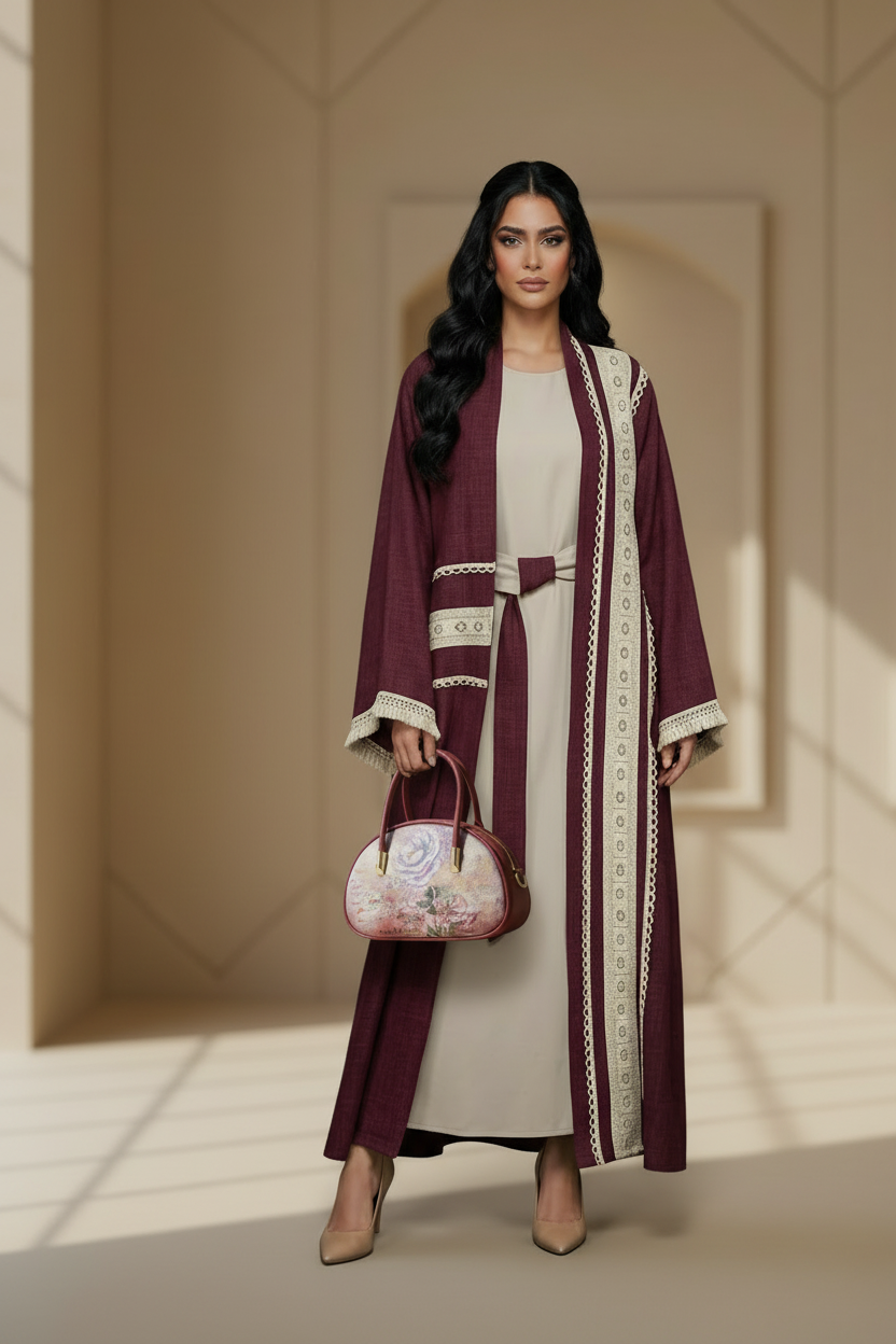 Model with Bordeaux Abaya and Flora Bag