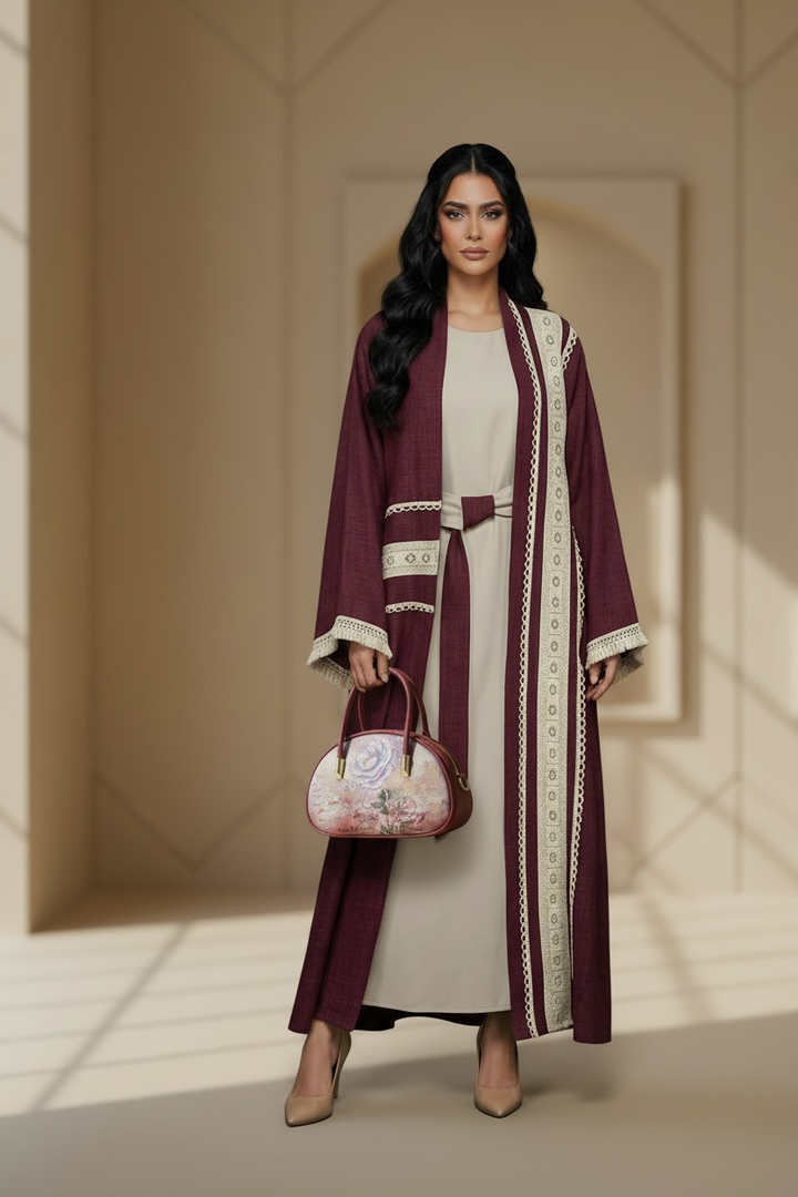 Model with Bordeaux Abaya and Flora Bag