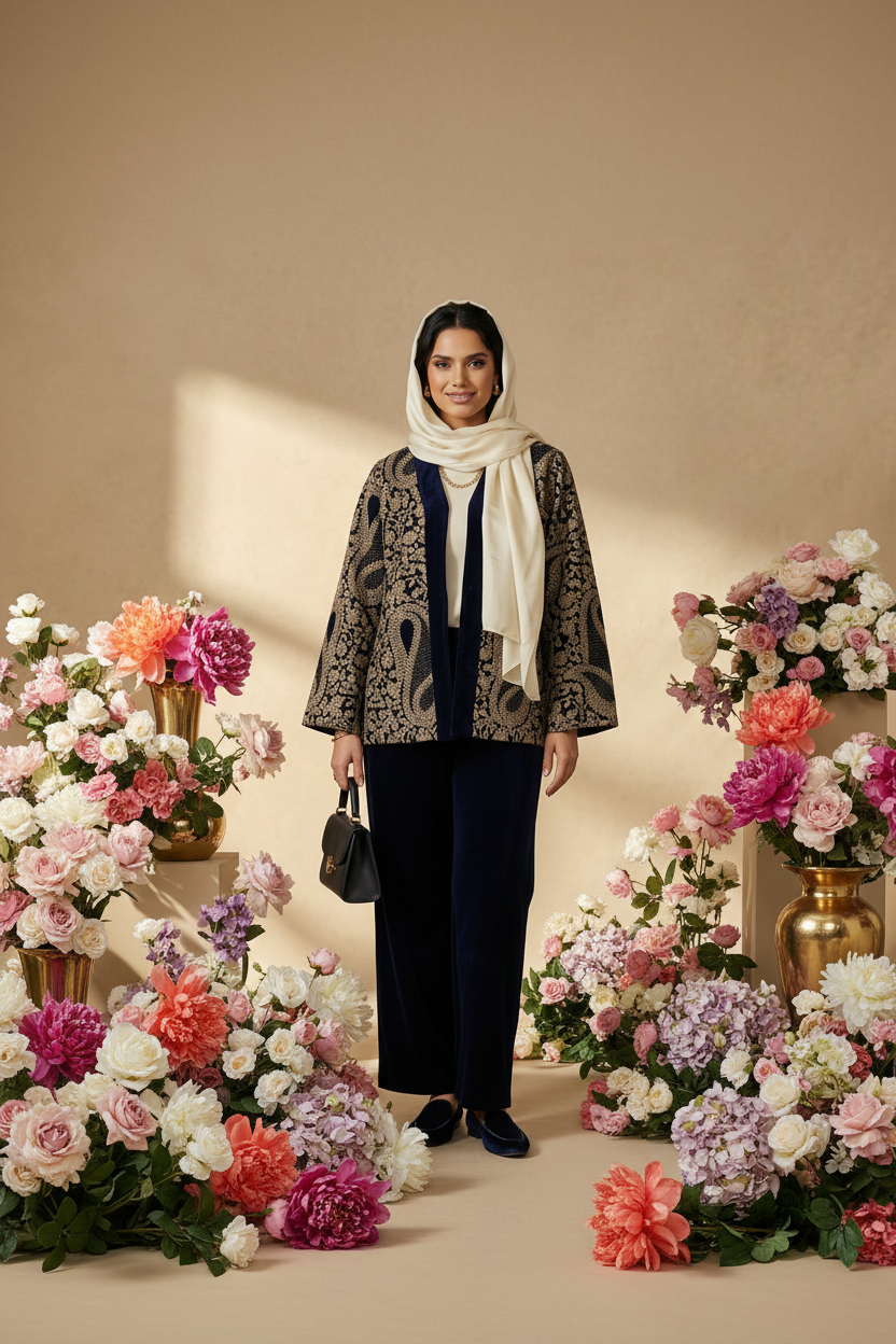 Navy blue velvet embroidery set with flowers