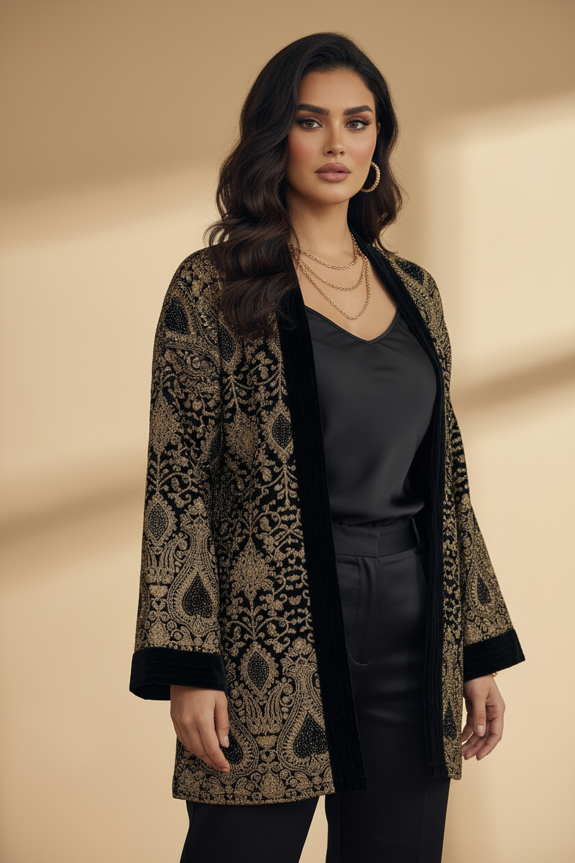 Black Velvet Embroidered 3-Piece Full Set