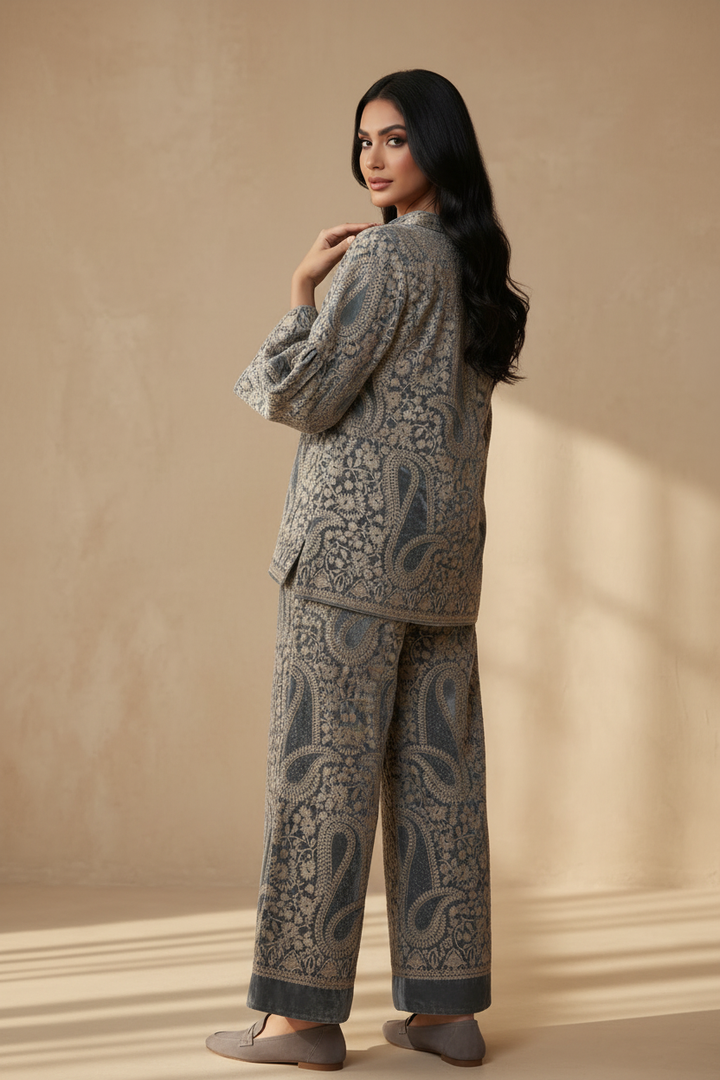 Over-the-shoulder looking back - Turquoise Velvet Set