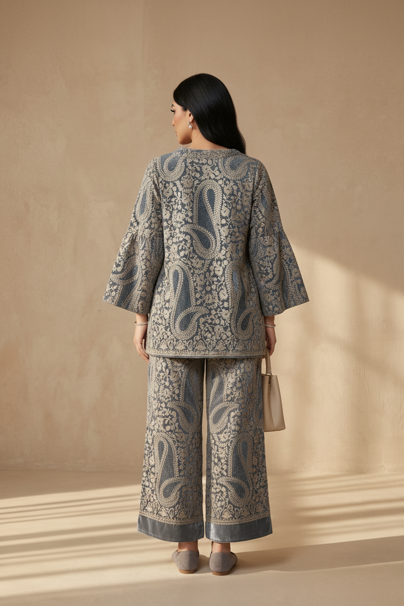 Over-the-shoulder shot - Turquoise Velvet Set