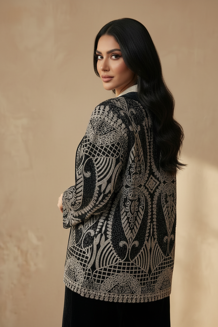 Over-the-shoulder silver embroidery