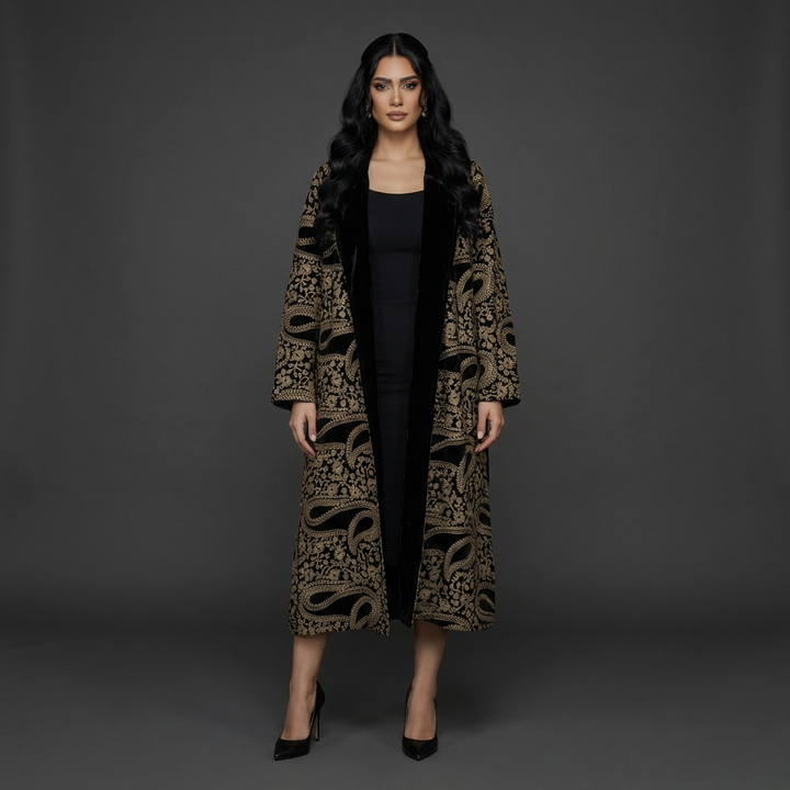 Jacket Bisht - Velvet Embroidery - Gold Black