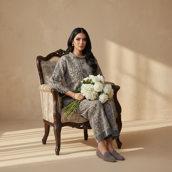 Seated on luxurious chair with white flowers - Grey Velvet Set