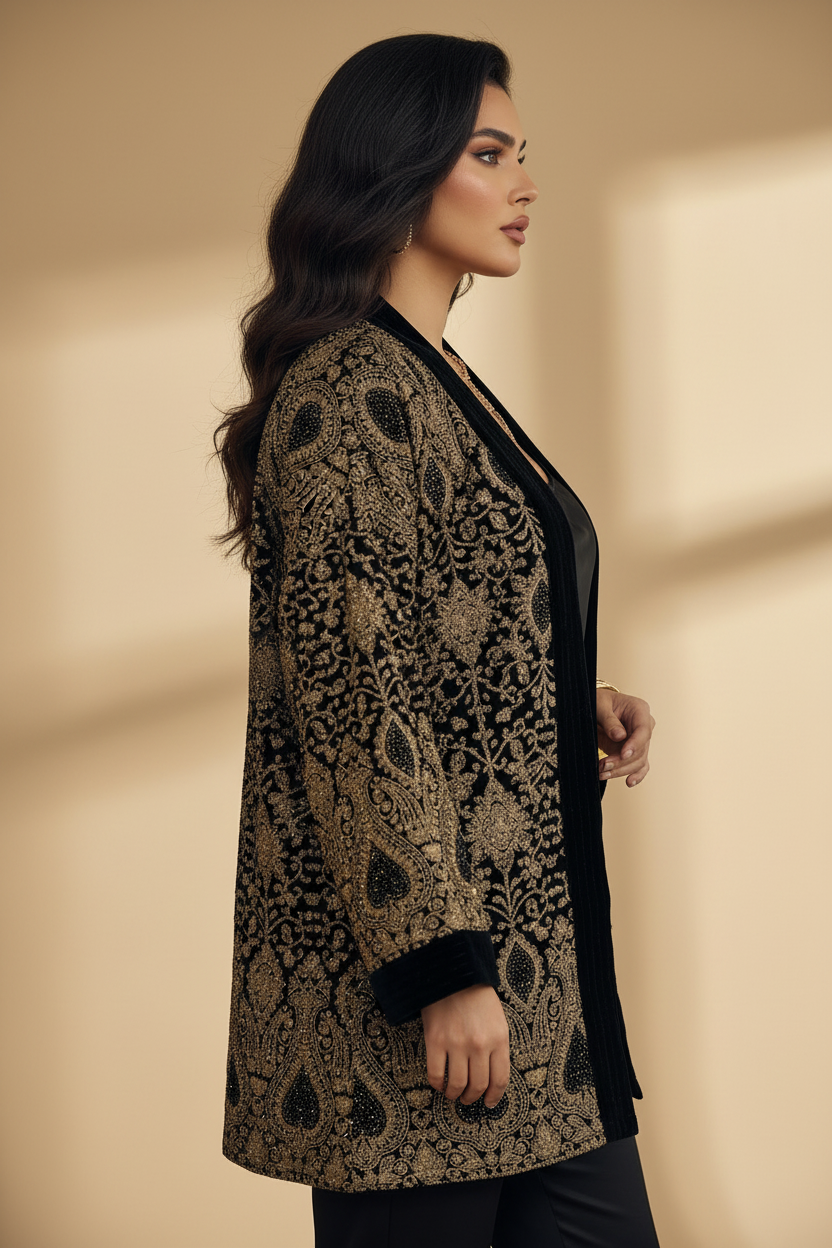 Black Velvet Embroidered 3-Piece Full Set