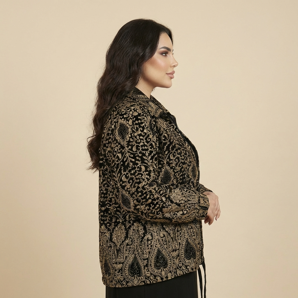 Black & Taupe Beige Velvet Embroidered Jacket