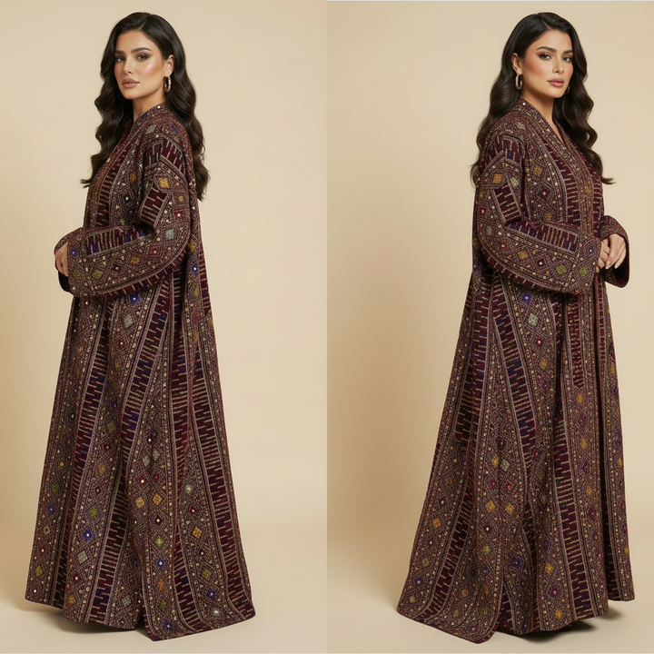 Woman wearing a long, intricately designed dress with beadwork on a beige background