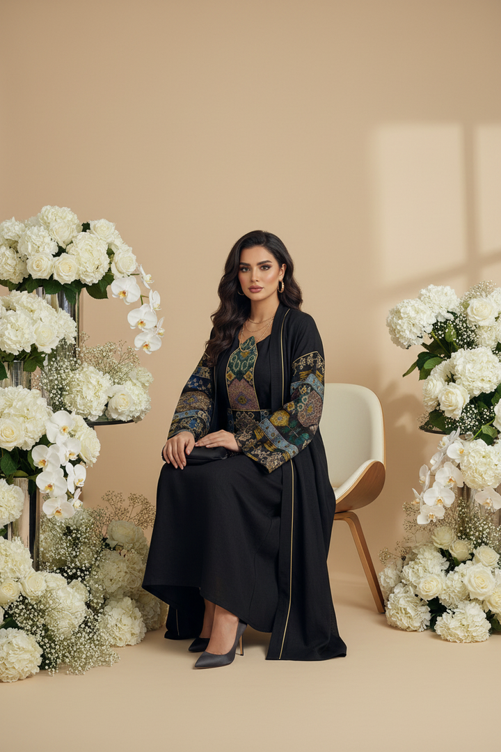 Sitting with white flowers