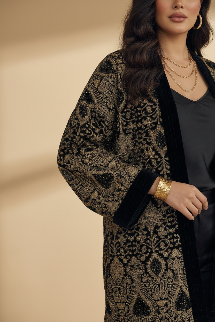 Black Velvet Embroidered 3-Piece Full Set