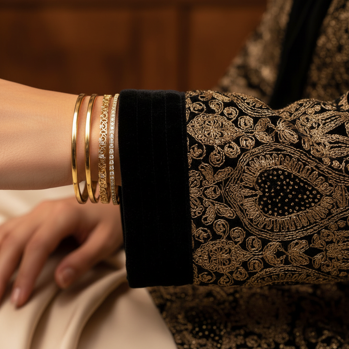 Black Velvet Embroidered 3-Piece Full Set