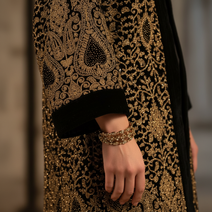 Black Velvet Embroidered 3-Piece Full Set