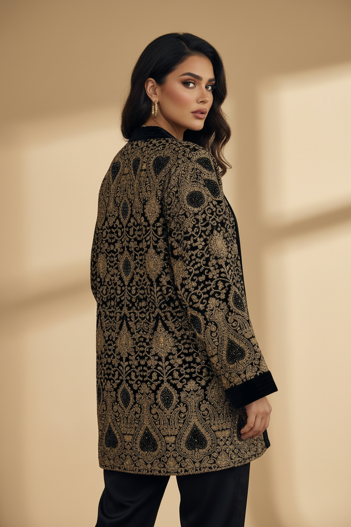 Black Velvet Embroidered 3-Piece Full Set