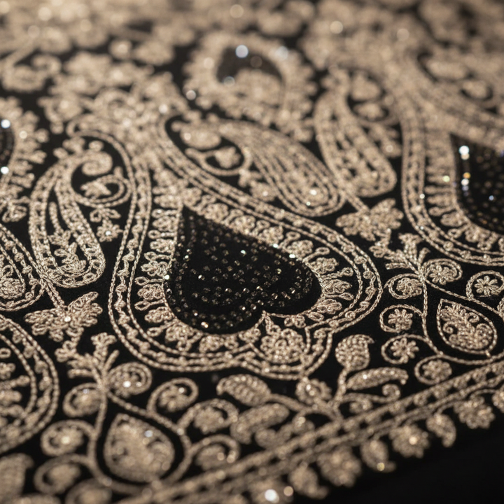 Velvet fabric with silver-beige embroidery